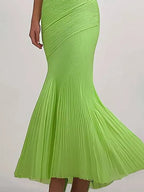Vestido verde para festa de formatura, tomara que caia, pregueado e longo