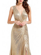 Formal Evening Gold Dress Pleated Sleeveless Metallic V-Neck Slit Floor-Length Dress
