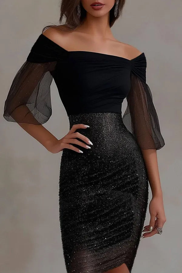 Cocktailkleid schulterfrei gerafftes Pailletten-Mesh figurbetontes Minikleid