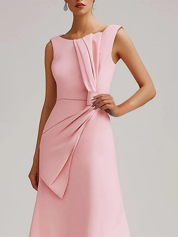 Abito rosa da invitata a matrimonio con scollo rotondo, senza maniche e fiocco, lunghezza midi