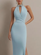 Wedding Guest Dress Light Blue Halter Neck Sleeveless Side Slit Maxi Dress