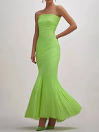 Vestido verde para festa de formatura, tomara que caia, pregueado e longo