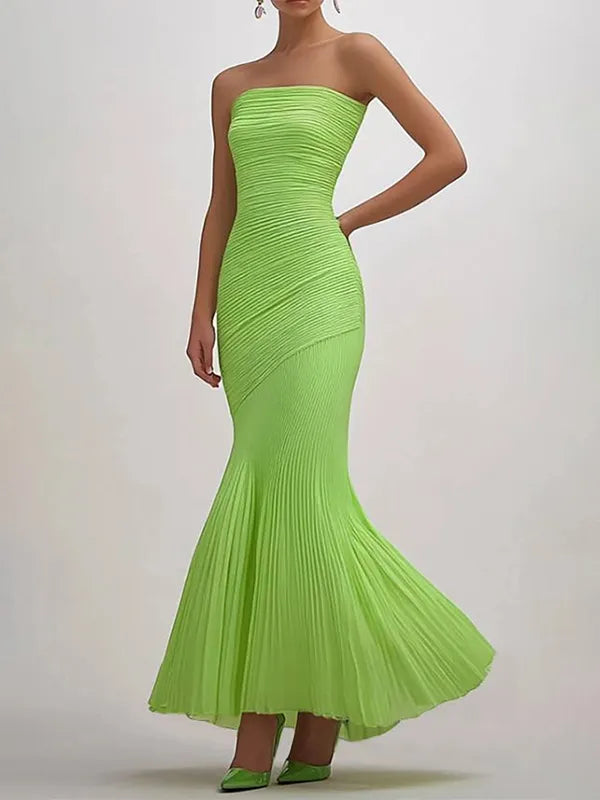 Vestido verde para festa de formatura, tomara que caia, pregueado e longo
