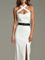 Partykleid Weißes Kreuzträger Schlitz bodenlanges Kleid