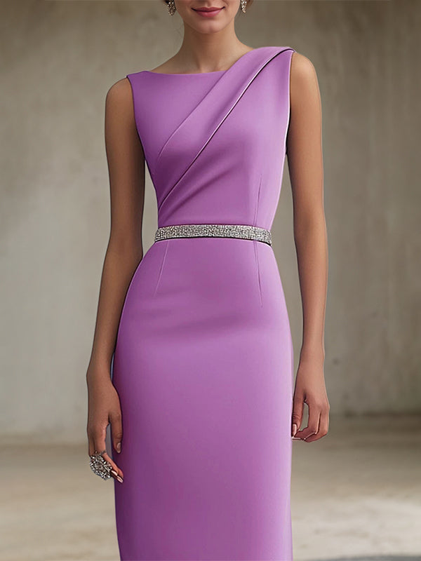 Halbformelles Partykleid mit Rundhalsausschnitt, lila, ärmellos, asymmetrisch