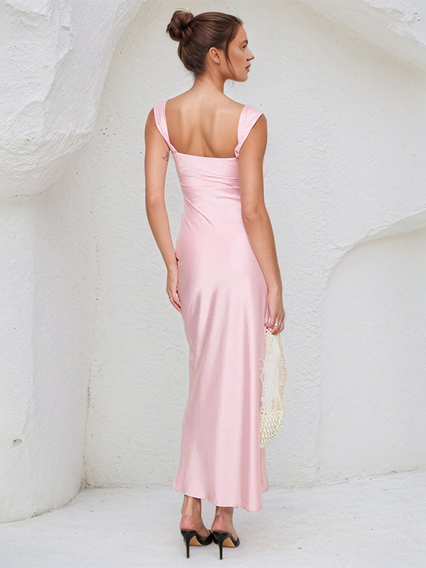 Pink Satin Asymmetrical Neckline Sleeveless Ankle Length Sheath Dress