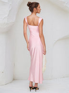 Pink Satin Asymmetrical Neckline Sleeveless Ankle Length Sheath Dress