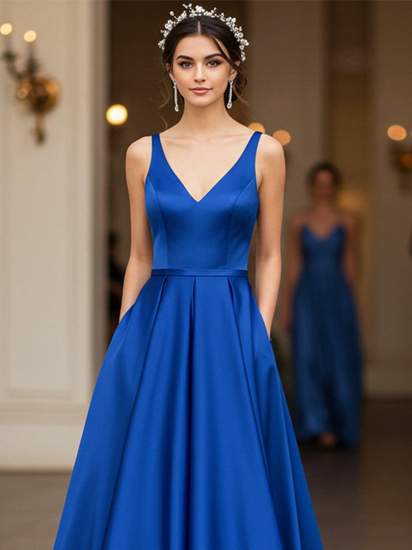Royal Blue Sheath/Column V-Neck Floor-Length Satin Prom Dress
