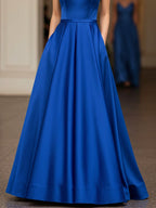 Royal Blue Sheath/Column V-Neck Floor-Length Satin Prom Dress