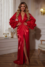 Deep V-Neck Maxi Dress with Ruffled Statement Sleeves and Slit