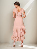 Pink Chiffon Dress V-Neck Short Sleeves Asymmetrical Length Dress with Ruffles
