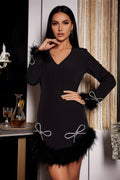 V-Neck Mini Dress with Feather Trim and Sparkly Bow Details