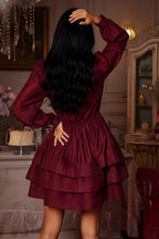 Elegant Tie-Neck Long Sleeve Tiered Ruffle Mini Dress