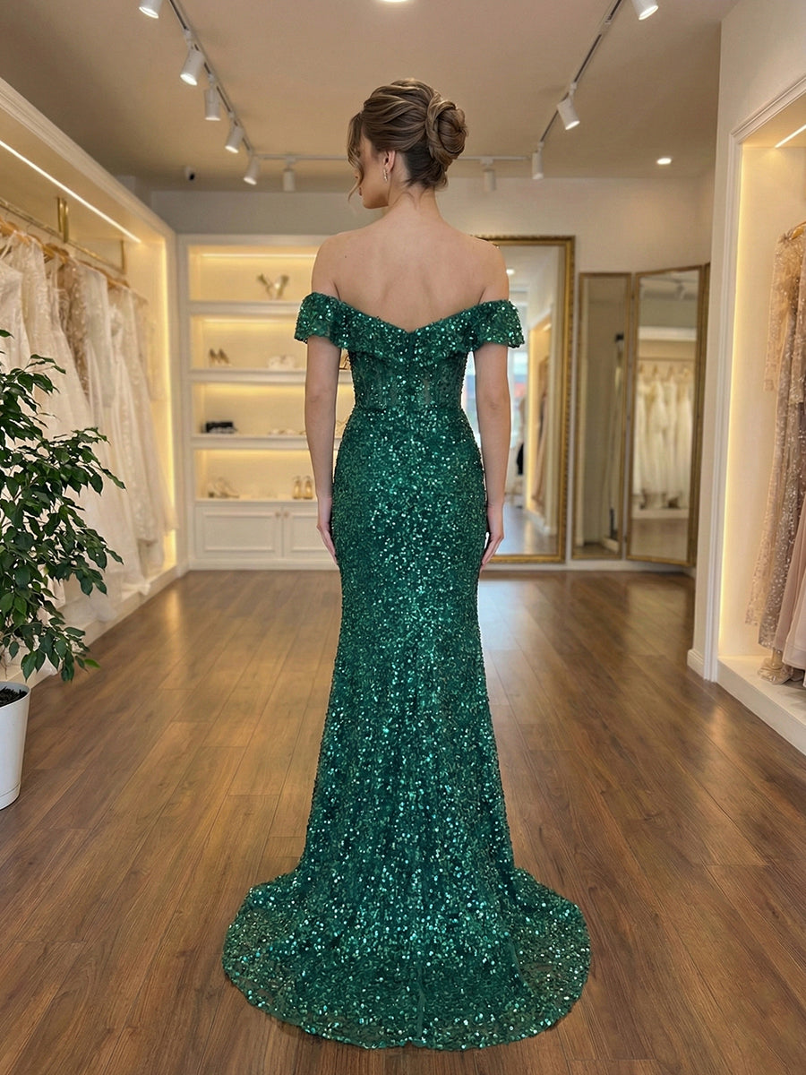 Vestido longo esmeralda, sereia, paetês, ombro a ombro, para baile, com fenda