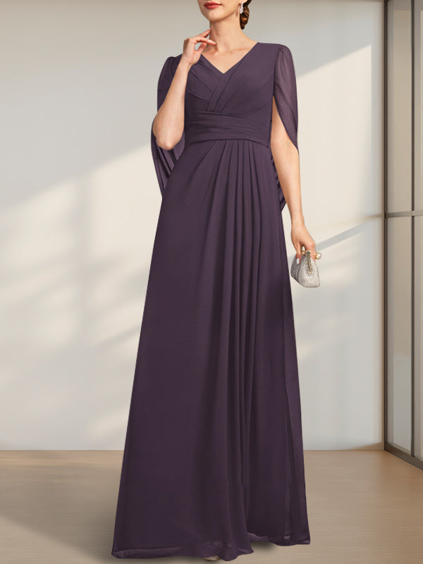 A-Linien V-Ausschnitt bodenlanges Chiffonkleid für die Brautmutter mit Falten
