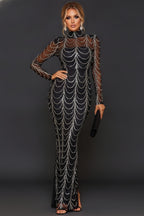 Draped Beaded Chain High Neck Long Sleeve Mermaid Gown