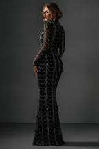 Draped Beaded Chain High Neck Long Sleeve Mermaid Gown