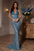 Glamorous Sequin Halter Neck Cutout Mermaid Evening Gown