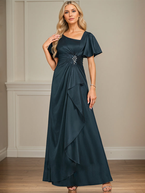 A-Linien asymmetrisches bodenlanges mattes Satin-Kleid für die Brautmutter mit Perlen, Pailletten und Falten