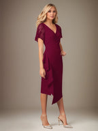 Bordeauxrotes Stretch-Crêpe Kleid mit V-Ausschnitt, kurzen Ärmeln, tea-length