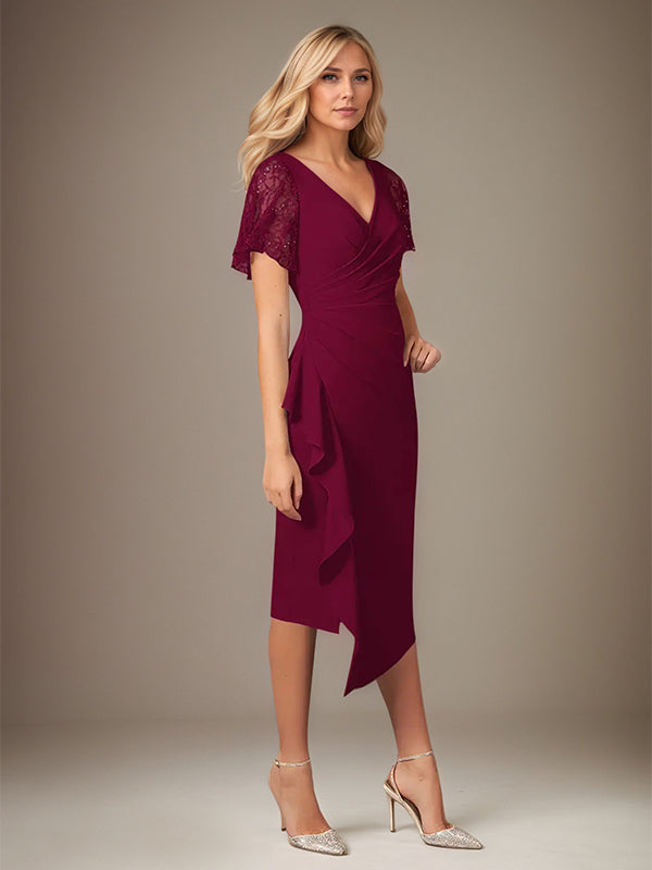Bordeauxrotes Stretch-Crêpe Kleid mit V-Ausschnitt, kurzen Ärmeln, tea-length