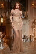Off-Shoulder Rhinestone Mesh Maxi Dress with Train Detail