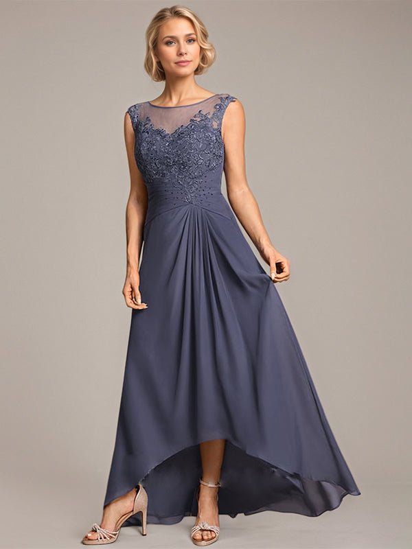 A-Linien Rundhals Illusions asymmetrisches Chiffon-Spitzenkleid für die Mutter der Braut mit plissierter Perlenverzierung