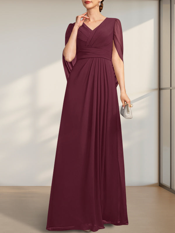 A-Linien V-Ausschnitt bodenlanges Chiffonkleid für die Brautmutter mit Falten