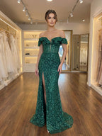 Vestido longo esmeralda, sereia, paetês, ombro a ombro, para baile, com fenda