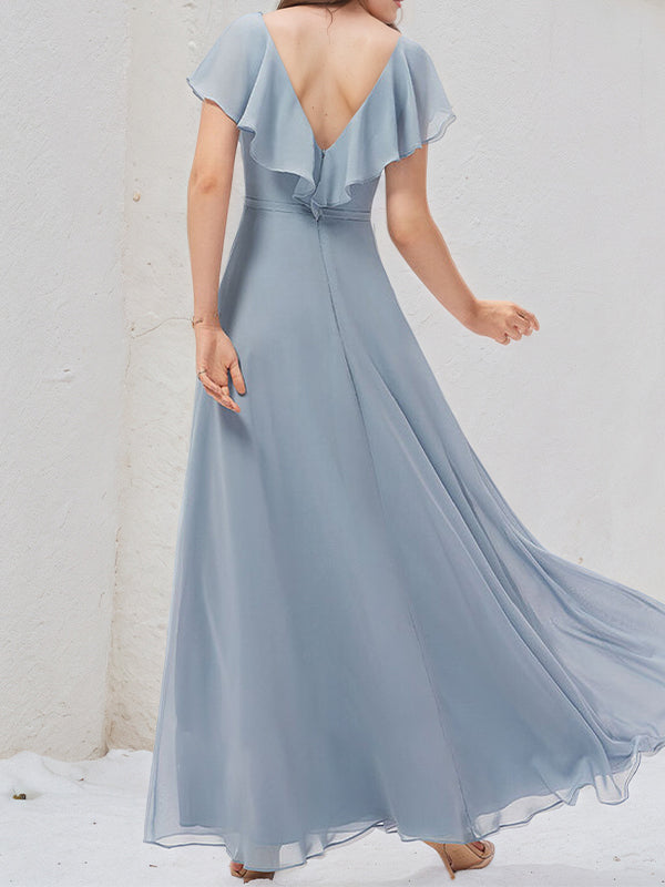 Staubblaues A-Linien Chiffonkleid mit V-Ausschnitt und bodenlanger Länge, Brautjungfernkleid