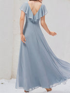 Staubblaues A-Linien Chiffonkleid mit V-Ausschnitt und bodenlanger Länge, Brautjungfernkleid