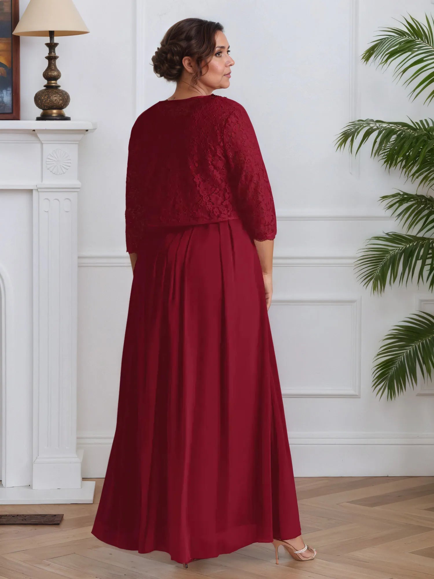Abito da madre della sposa in chiffon con pizzo, linea A e scollo quadrato