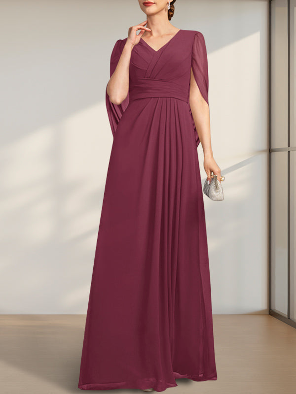 A-Linien V-Ausschnitt bodenlanges Chiffonkleid für die Brautmutter mit Falten