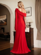 Rotes Etuikleid/One-Shoulder bodenlanges Kleid für die Brautmutter mit Schleife