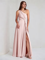 A Line Pink Chiffon One Shoulder Sleeveless Ankle Length Dress With High Slit