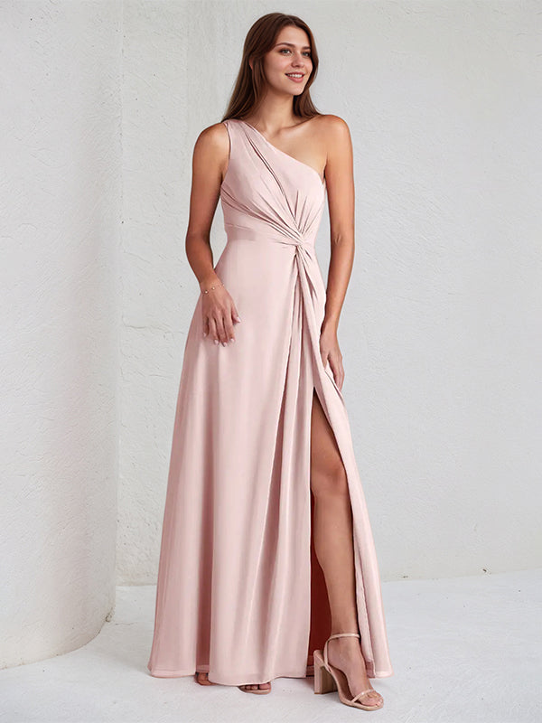 A Line Pink Chiffon One Shoulder Sleeveless Ankle Length Dress With High Slit