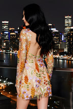 Sheer Floral Embroidered Open Back Long Sleeve Mini Dress
