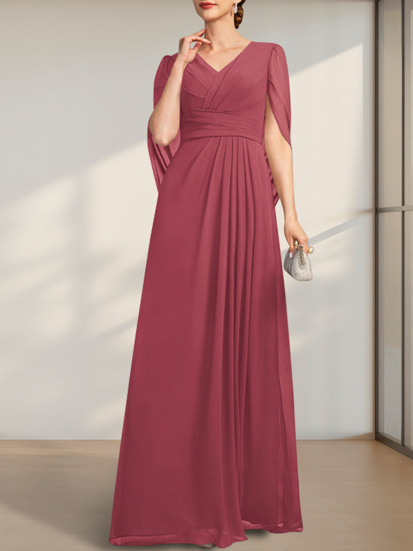 A-Linien V-Ausschnitt bodenlanges Chiffonkleid für die Brautmutter mit Falten