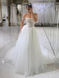 Beaded Corset Tulle A-Line Wedding Gown with Pearl Straps