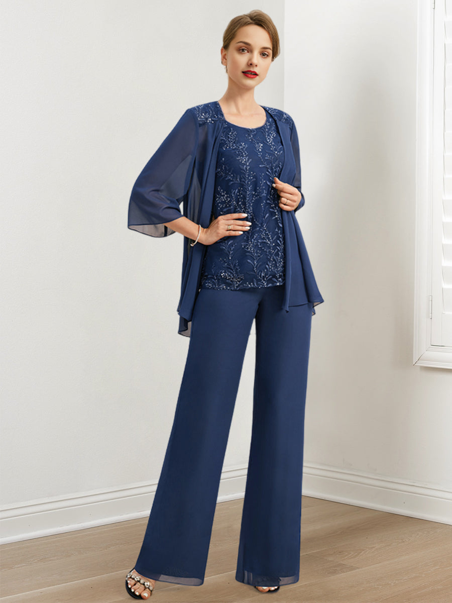 Chiffon Hosenanzüge für die Brautmutter mit Pailletten und Jacke