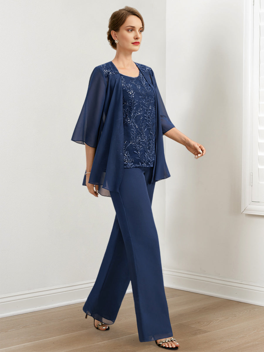 Chiffon Hosenanzüge für die Brautmutter mit Pailletten und Jacke
