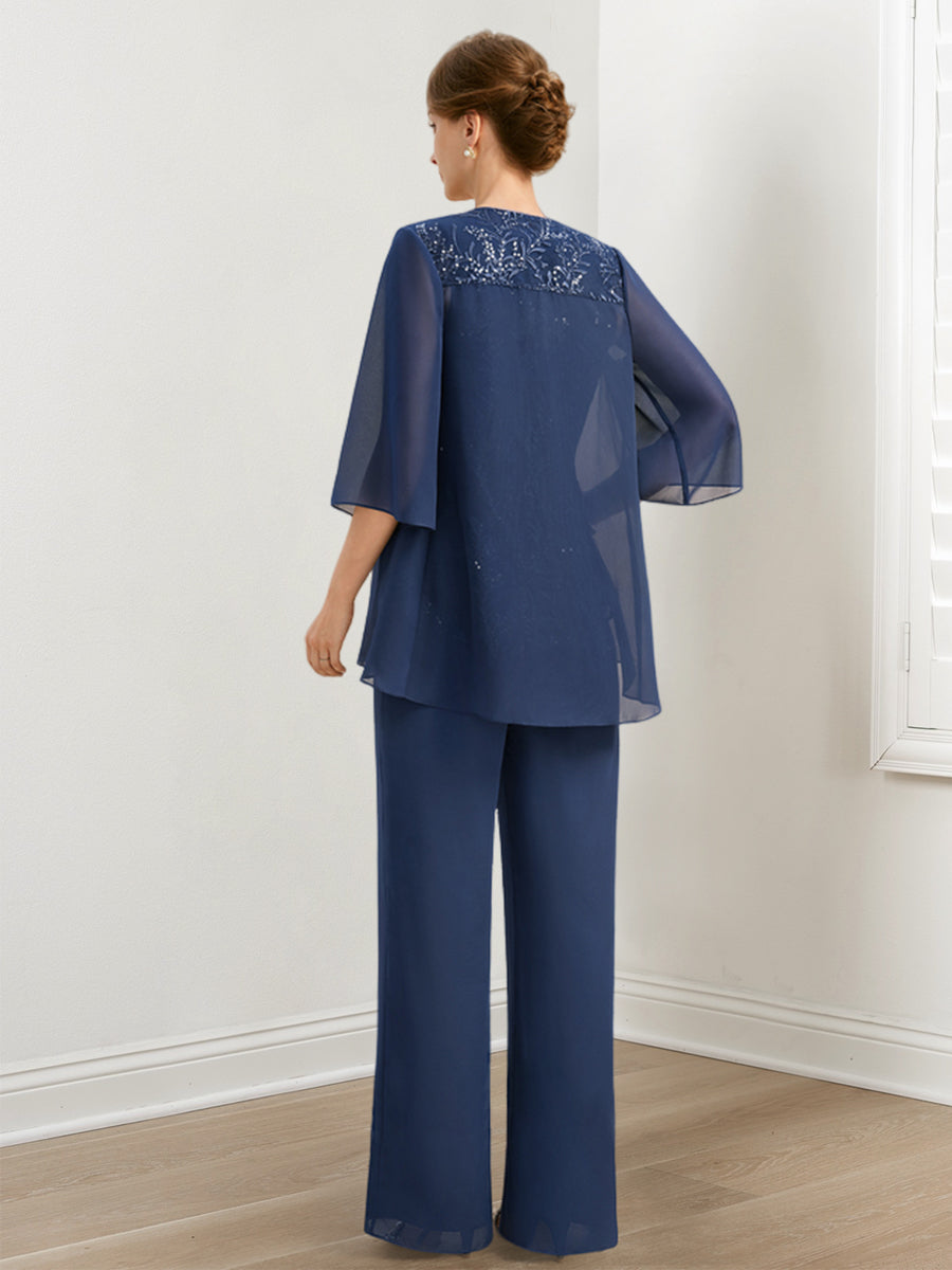 Chiffon Hosenanzüge für die Brautmutter mit Pailletten und Jacke