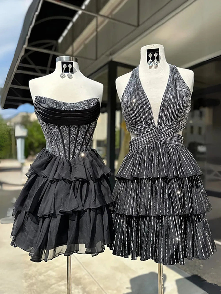 Robe courte de bal bustier sans bretelles, ornée de perles, avec volant