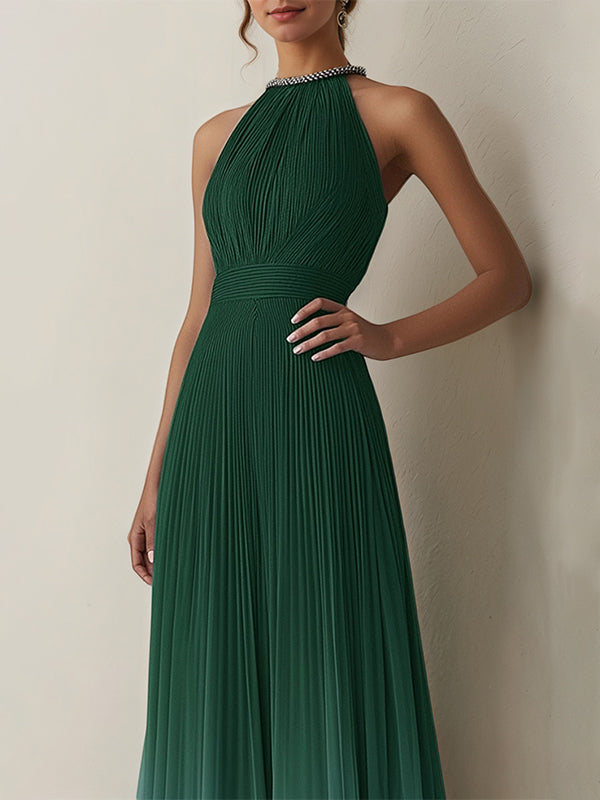 Evening Halter Dress Green-Blue Ombre Pleated Chiffon Floor-Length  Dress