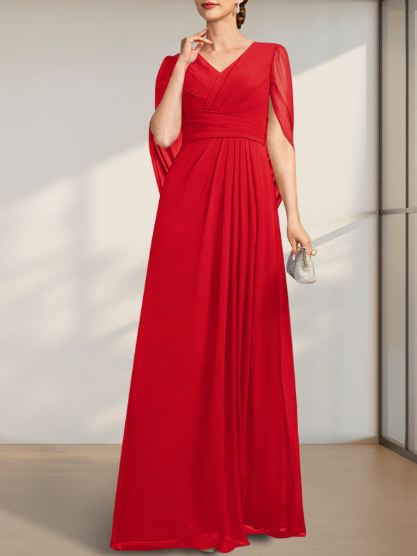 A-Linien V-Ausschnitt bodenlanges Chiffonkleid für die Brautmutter mit Falten