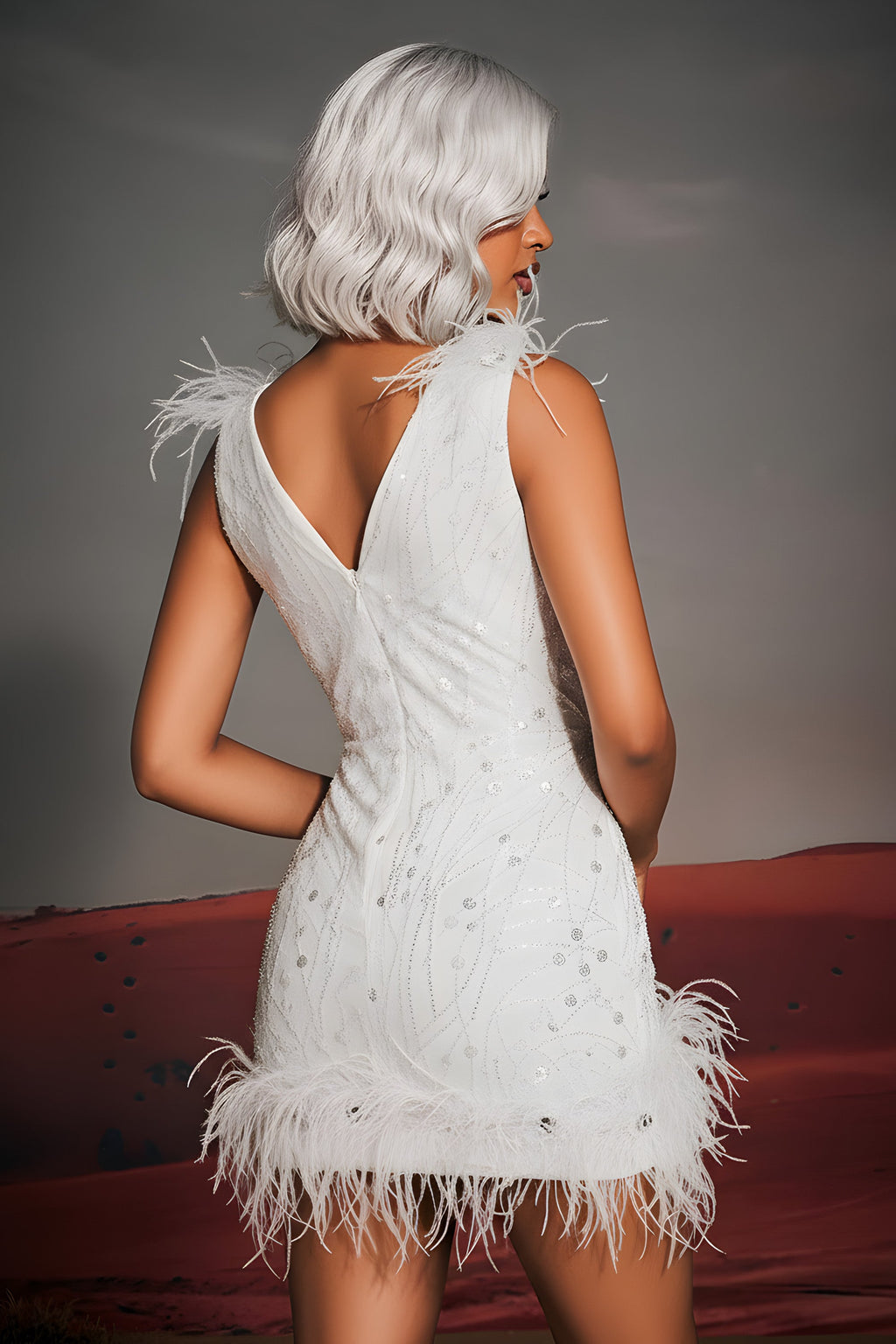 Elegant Sequin Embellished Feather Trim Bodycon Mini Dress
