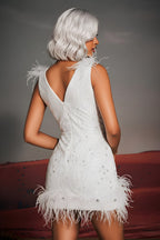 Elegant Sequin Embellished Feather Trim Bodycon Mini Dress
