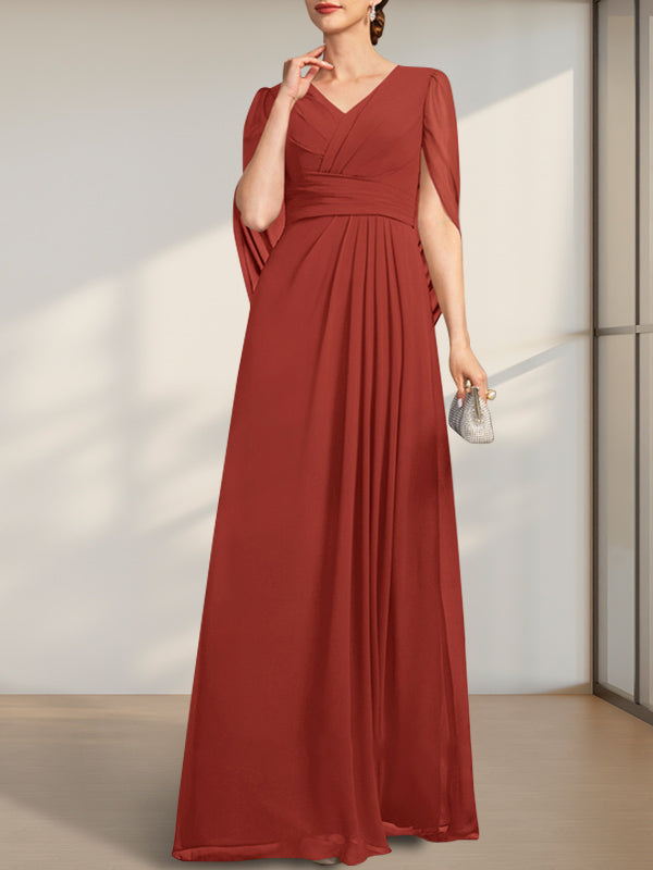 A-Linien V-Ausschnitt bodenlanges Chiffonkleid für die Brautmutter mit Falten