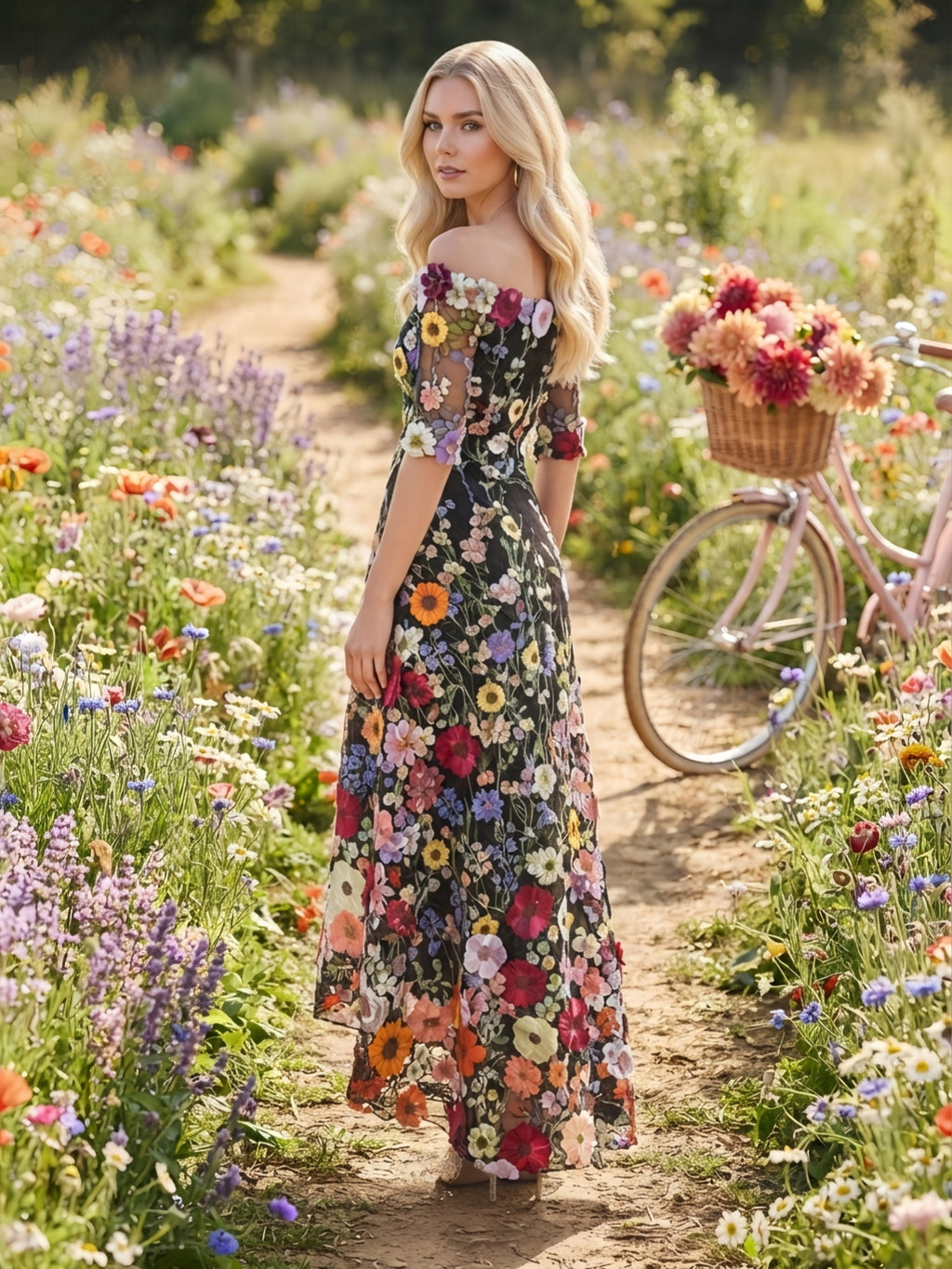 Black 3D Floral Applique Off Shoulder Midi Evening Dress