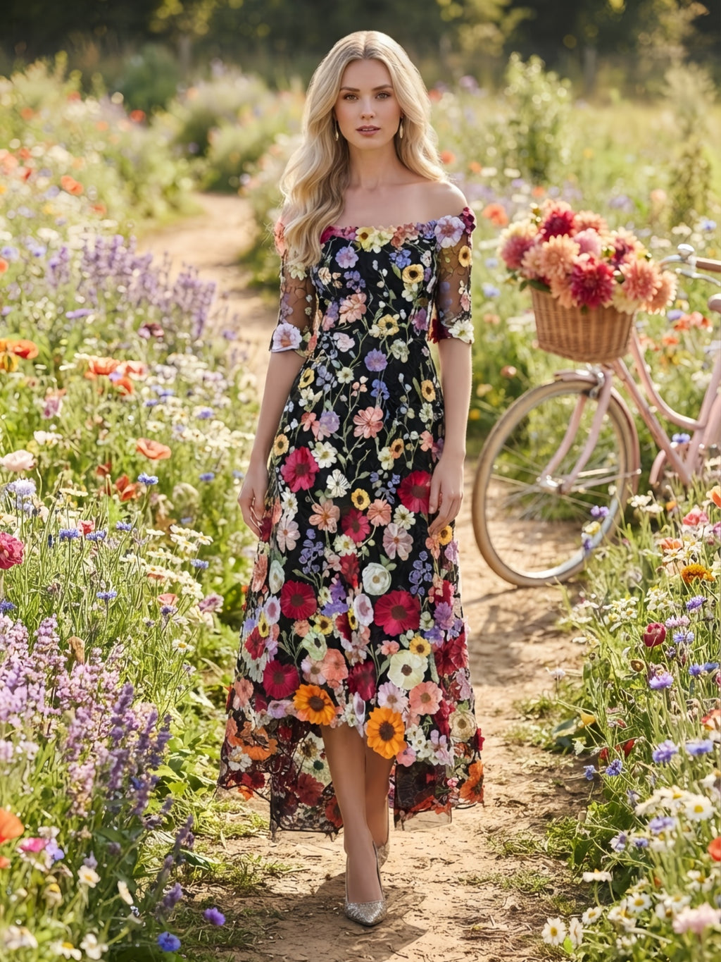 Black 3D Floral Applique Off Shoulder Midi Evening Dress